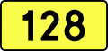 English: Sign of DW 128 with oficial font Drogowskaz and adequate dimensions.