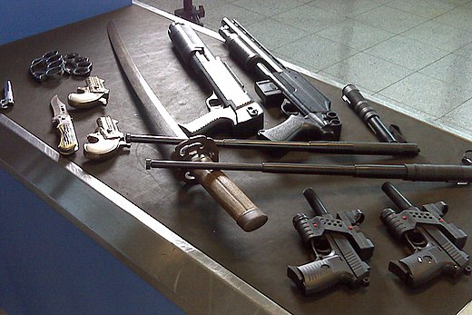 Selection of weapons collected by security officers at an airport