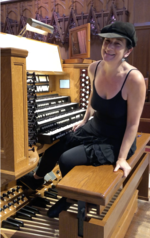 Dorothy Papadakos at the Great Organ of Grace Cathedral, San Francisco, CA. Photo by Rebecca Nestle.png