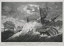 Gravure montrant deux navires endommagés poussés loin de la côte, alors qu'au second plan un troisième navire, lui aussi endommagé, est submergé par une vague.