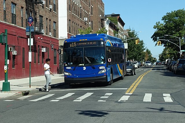 A Queens-bound B15 bus traveling on Ralph Avenue in Brooklyn.