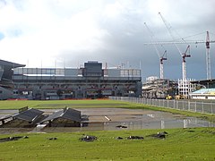 Cranes during the construction of the new South Stand in 2009.