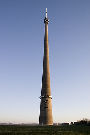 Transmitters including Emley Moor (pictured) broadcast digital radio via DAB and digital terrestrial television EmleyMoorMastSpring2006.jpg