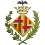 L'escut pres de l'escut de la ciutat de Barcelona, escut de rombo quarterat amb la creu de Sant Jordi i el paladura groc-vermell (colors de la bandera de Catalunya), amb una ratapinyada damunt un corona, envoltat per dues branques (palmera i llorer), 1900–1910