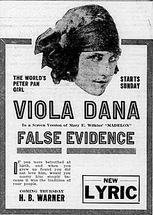 Viola Dana ile Amerikan drama filmi False Evidence (1919) için gazete ilanı, 17 Ocak 1920 Duluth Herald'ın 11. sayfasında.