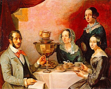Family portrait in Russia in 1844 by T. Myagkov, with the samovar ready for tea