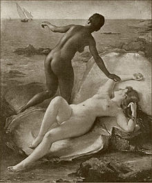 Les Deux Perles Fernand Le Quesne (The two pearls, 1889). This painting was intended to "contrast a Caucasian with an African beauty". In the painting, the black woman represents the beauty of a black pearl and the white woman represents the beauty of a white pearl. Fernand Le Quesne - Les deux perles.jpg