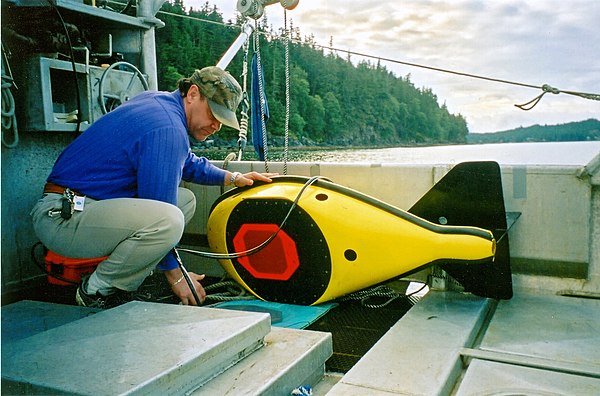 A 38 kHz hydroacoustic tow fin used to conduct acoustic surveys by NOAA. Alaska, Southeast.