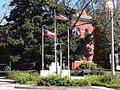 Flagpoles and war memorial