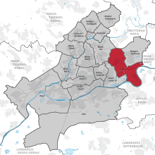 Carte situant l'arrondissement (en rouge) au sein du reste de la ville (en gris)