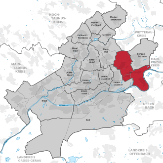 Carte situant l'arrondissement (en rouge) au sein du reste de la ville (en gris)