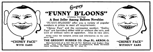 Full ad for Gregory "FUNNY-B'LOONS" [The Gregory Rubber Co Akron, Ohio] Toys and Novelties Volume 19 Issue No 4  Apr 1922 page 91
