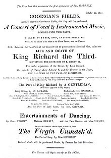 Facsimile of Playbill (c. 1800) from Garrick's debut as Richard III, Paget playing Lord Stanley Garrick debut poster.jpg