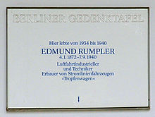 Berliner Gedenktafel, Elias Edmund Rumpler, Dernburgstraße 9, Berlin-Charlottenburg