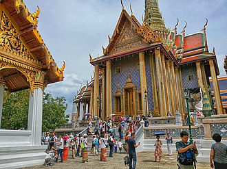 Wat Phra Kaew in the Grand Palace is among Bangkok's major tourist attractions. Grand Palace Bangkok (173279731).jpeg
