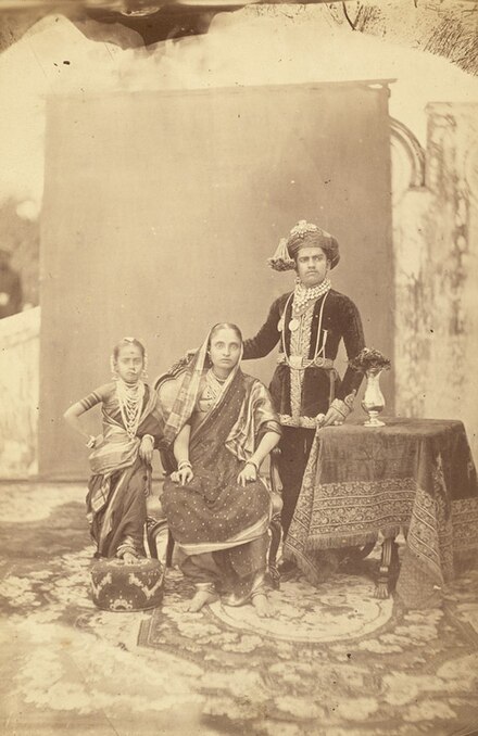 Group portrait with sister Tara Bai and adoptive mother Jamna Bai (Circa 1880)