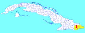 Guantanamo-municipo (ruĝa) ene de Guantanama Provinco (flava) kaj Kubo