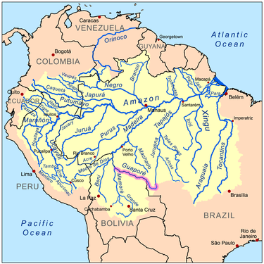Mapa de la conca del riu Amazones amb el riu Guaporé ressaltat