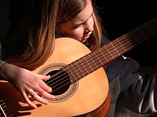 In the guitar, the sound box is the hollowed wooden structure that constitutes the body of the instrument. Guitarist girl.jpg