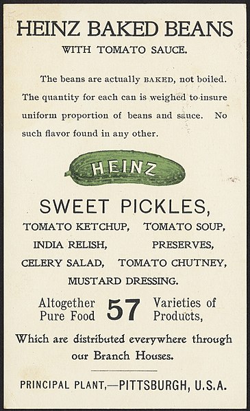 Heinz trade card from the 19th century, promoting various products. Features the Heinz pickle.