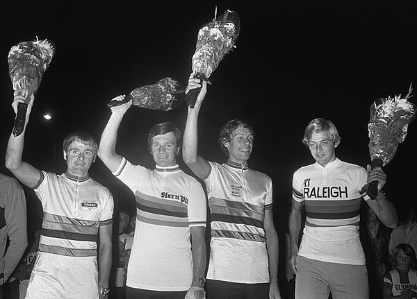 World Champions of 1975. Left to right: Hennie Kuiper (road race, TI–Raleigh 1976–1978), Dieter Kemper (track, motor paced), André Gevers (road race a