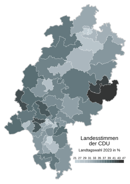 Christlich Demokratische Union ﻿Höchstwert: 46,7 % (Fulda II) ﻿Tiefstwert: 21,3 % (Darmstadt-Stadt I)