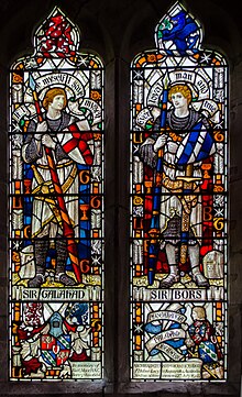 Sir Galahad and Sir Bors in a stained glass window in St Cuthbert's Church, Holme Lacy, in memory of Sir Archibald Lucas-Tooth, 2nd Baronet Holme Lacy, St Cuthbert's church window (41744552892).jpg