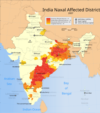 Map showing the districts where the Naxalite m...