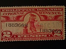 This revenue stamp for the Philippine Islands was issued in 1930. Internal Revenue Stamps of the Philippine Island 1930-1937 14.JPG