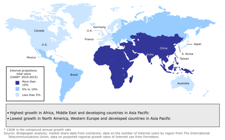 Une quatrième carte illustre le taux de croissance d’utilisation d’internet dans les différentes régions du monde