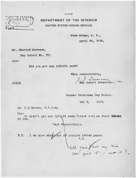 File:J.J. Duncan to Charles Dushane, Day School Number 17. - NARA - 284782.tif