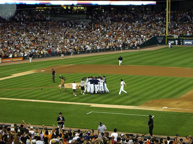 Verlander and his teammates celebrate after the final out of his first no-hitter.