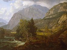 Peinture à l'huile d'un paysage de montagne.