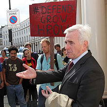 McDonnell with opponents of the Heathrow Airport expansion outside Central London County Court, 2012 John McDonnell Grow Heathrow at Court-4.jpg