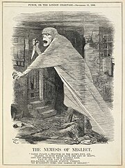 An 1888 Punch illustration depicts the murderer as a demonic spectral figure, the "Nemesis of Neglect", stalking London. John Tenniel - Punch - The Nemesis of Neglect.jpg