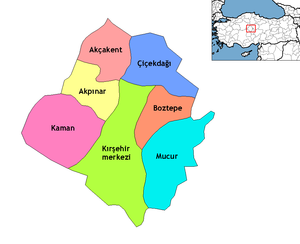 Mapa dos distritos da província de Kırşehir