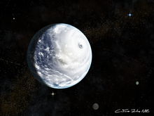 Artist's concept of Kepler-62e as an ocean planet, with a hypothetical surrounding debris disk Kepler-62e.png