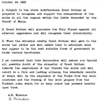 <span class="mw-page-title-main">McMahon–Hussein Correspondence</span> 1915–16 letters on UK recognition of Arab independence