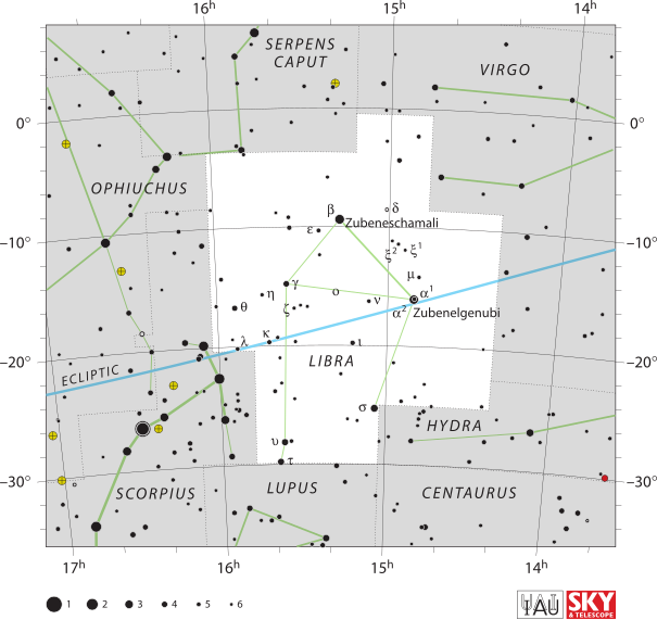 Diagram showing star positions and boundaries of the Libra constellation and its surroundings