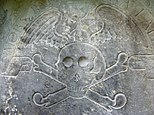 17thC tombstone in the mausoleum of John Livingstone, 'an apothecary in Edinburgh', who fell victim to the plague 1645