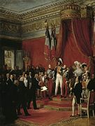 El rey Luis Felipe I renunciando a la corona belga en nombre de su hijo el duque de Nemours el 17 de febrero de 1831.