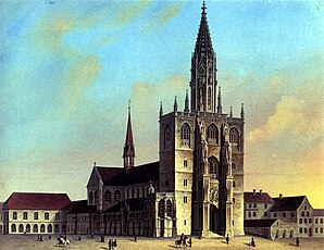 Das Münster nach der Turmvollendung 1856; kolorierter Stich von Ludwig Thümling nach C. Dyckerhoff