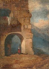 Italian peasant in stone archway.