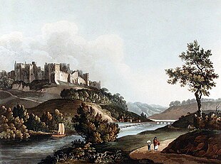 Painting of the castle in October 1812 by an anonymous artist, after the landscaping and extensive tree-planting Ludlow Castle Oct1812.jpg