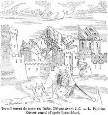 An image from a 1557 book depicting an earthquake in Italy in the 4th century BCE Lycosthene.jpg