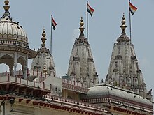 The three shikhar (top) of a Jain temple represents Ratnatraya (three jewels) MahaveeJi.jpg