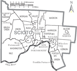 Mappa della contea di Scioto, Ohio, con etichette municipali e municipali.PNG