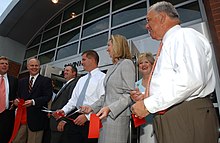 Menino (far right) attending the August 2005 ribbon cutting ceremony for the renovated Savin Hill station. Menino is joined (from left to right) by Boston City Council President Michael F. Flaherty, Massachusetts Secretary of Transportation Daniel Grabauskas, State Senator Jack Hart, State Representative Marty Walsh, Lieutenant Governor Kerry Healy, and Boston City Councilor Maureen Feeney Mayor Thomas M. Menino with State Representative Martin J. Walsh, City Councilor Maureen Feeney and others at Savin Hill MBTA Station opening (21960586553).jpg