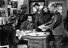 Walter Brennan, Gary Cooper, Irving Bacon, Barbara Stanwyck, and James Gleason in Meet John Doe Meet John Doe 1941.jpg
