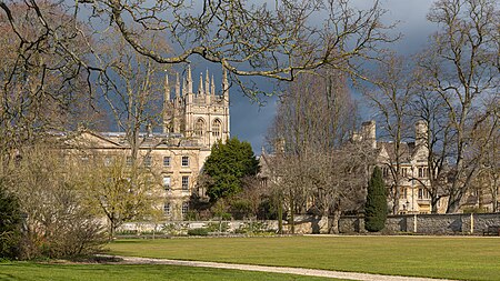 English: Merton College from Merton Field in the south. Merton Grove building on the right behind trees, Corpus Christi College Fellows Building on the left in the foreground.